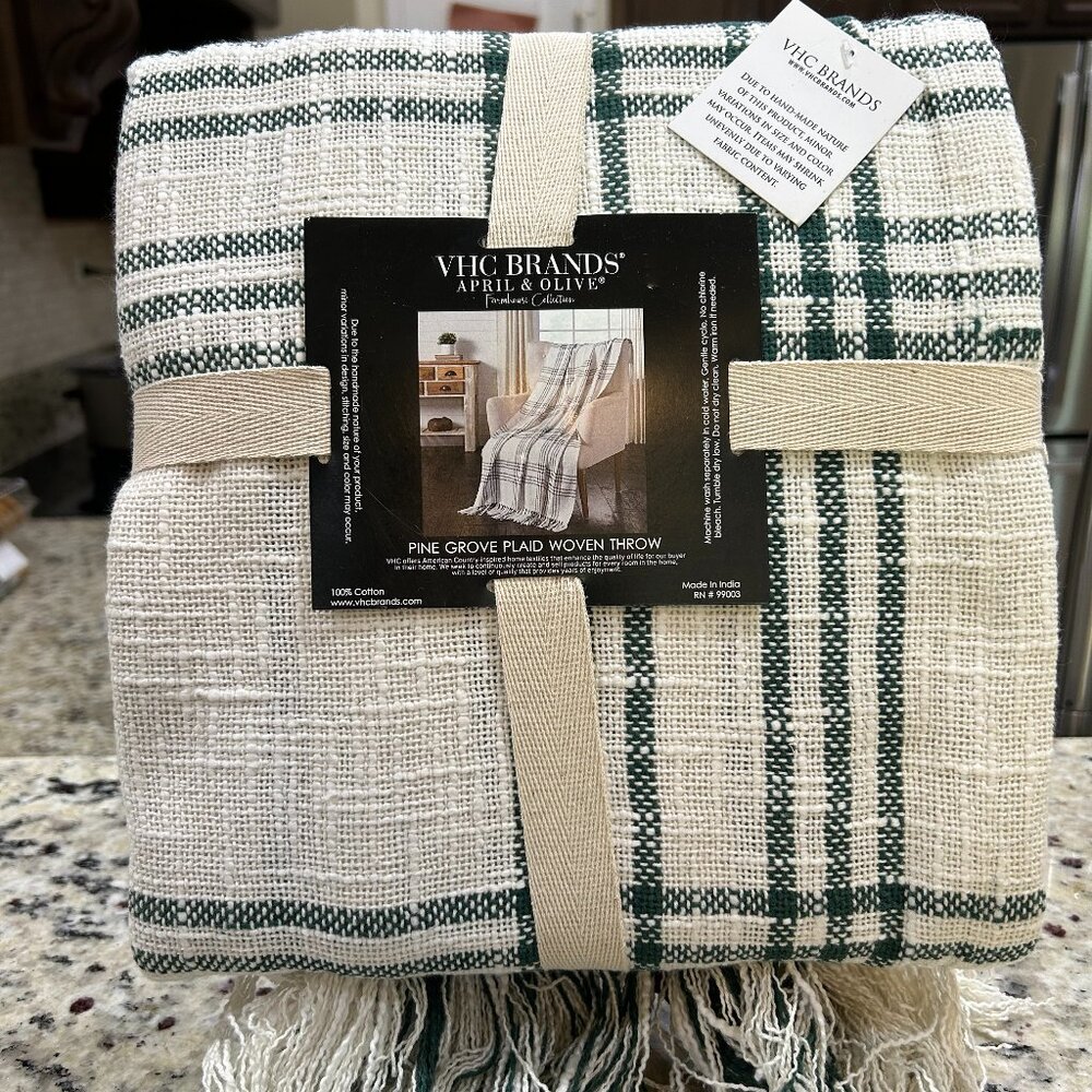 VHC Brands April & Olive Farmhouse Collection Pine Grove Plaid Woven Throw 50X60